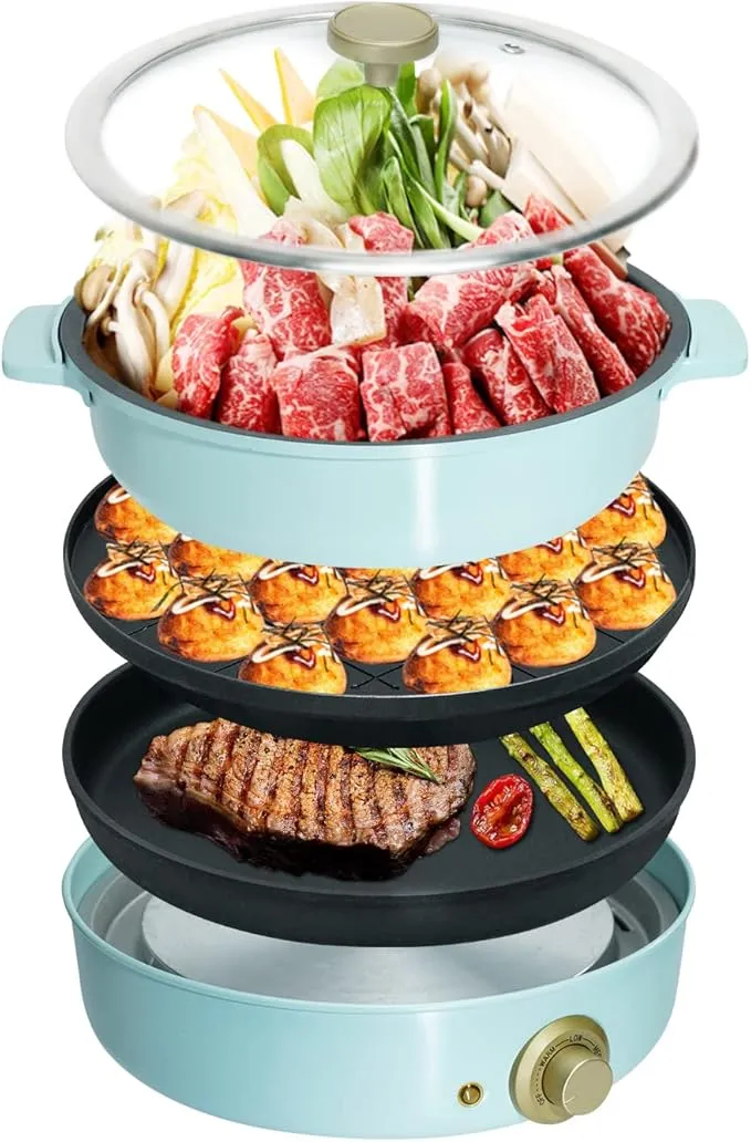 SOLEMOOD - グリル鍋 ホットプレート 電気鍋 三つプレート付き 3-in-1