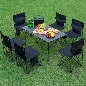 アウトドア テーブル チェアセット キャンプ テーブル 7点セット 黒　イス Amazon.co.jp: HEEOREV アウトドア テーブル チェアセット