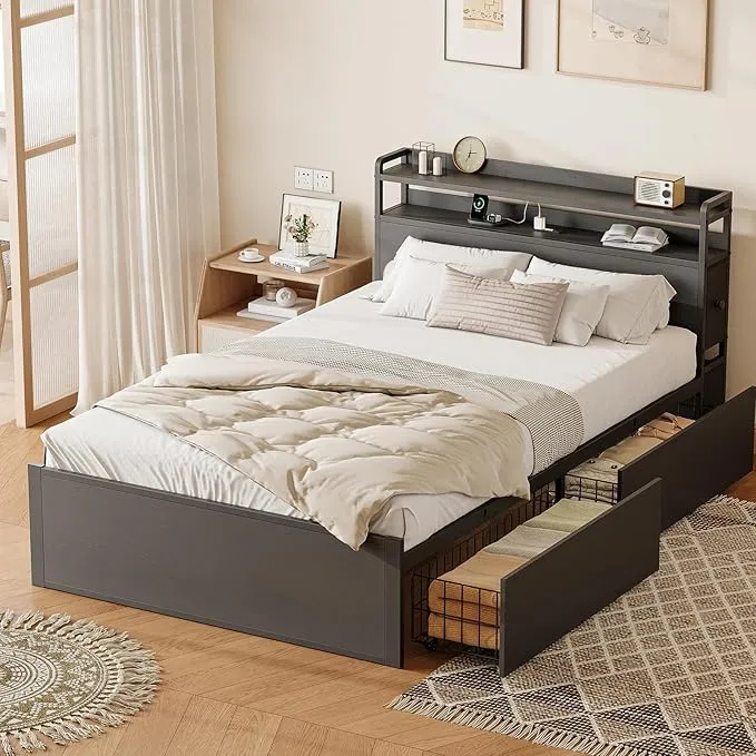 Naotico - 収納ベッド セミダブル 宮棚付き 引き出し4つ 位置交換可能