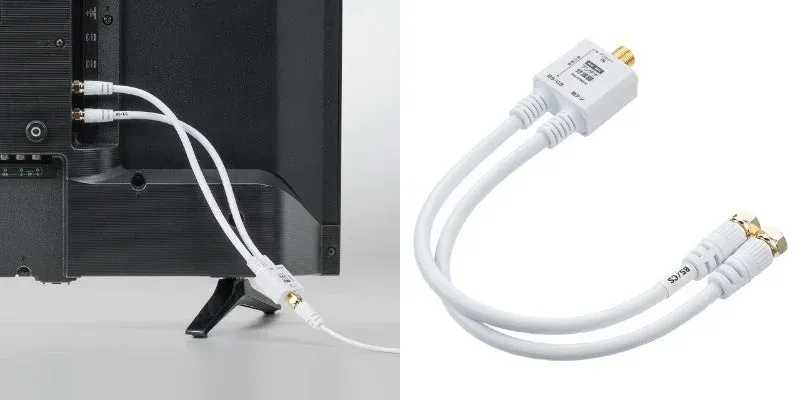 テレビの背面にあるアンテナ端子に、地デジとBS/CS放送を分けるための白いアンテナ分波器が接続されている様子と、その分波器単体のクローズアップ画像です。配線がすっきりとまとまっています。