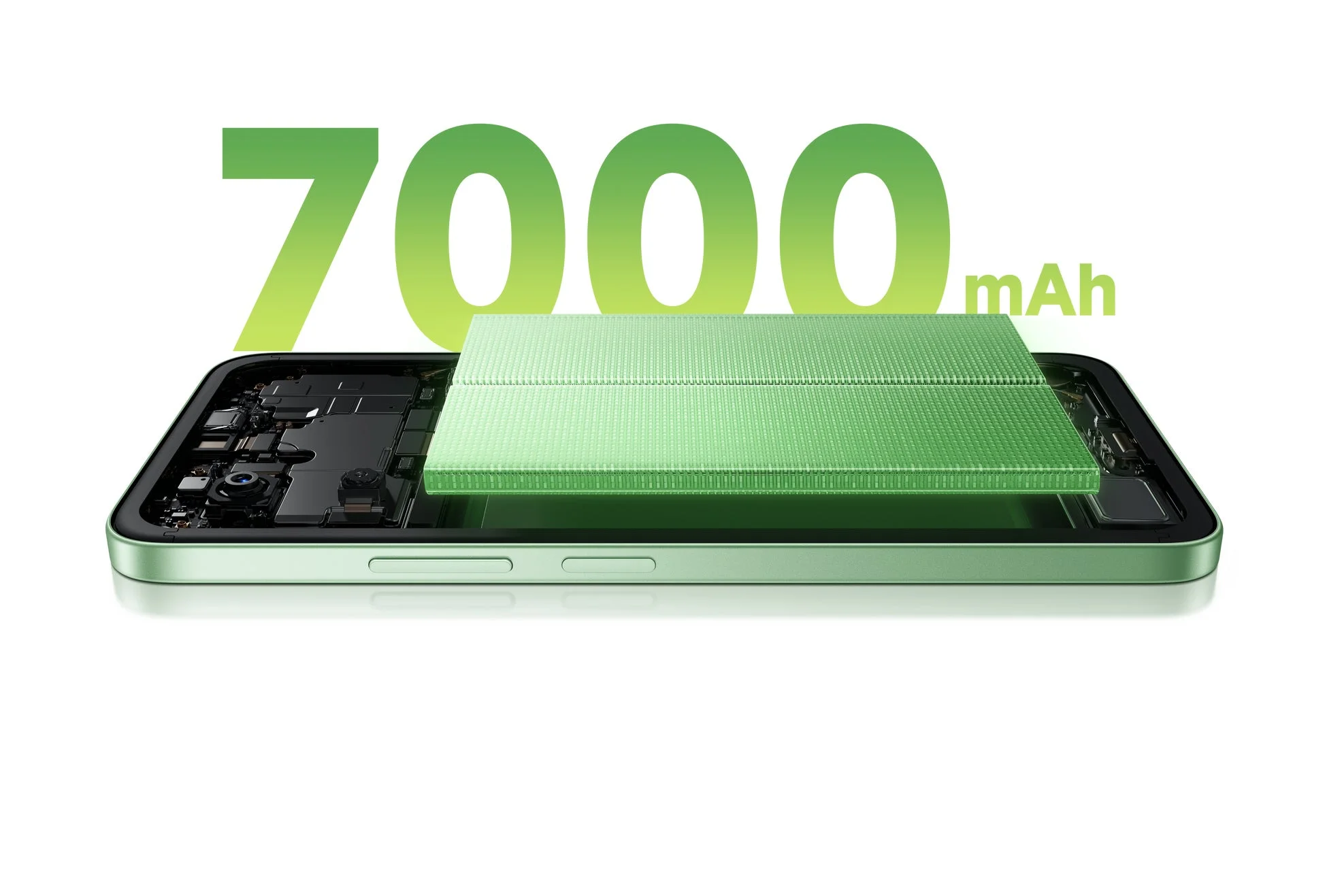 7000mAhの大容量バッテリーを強調したスマートフォンの内部構造を示す画像です。デバイス内部の緑色のバッテリーが特徴的です。