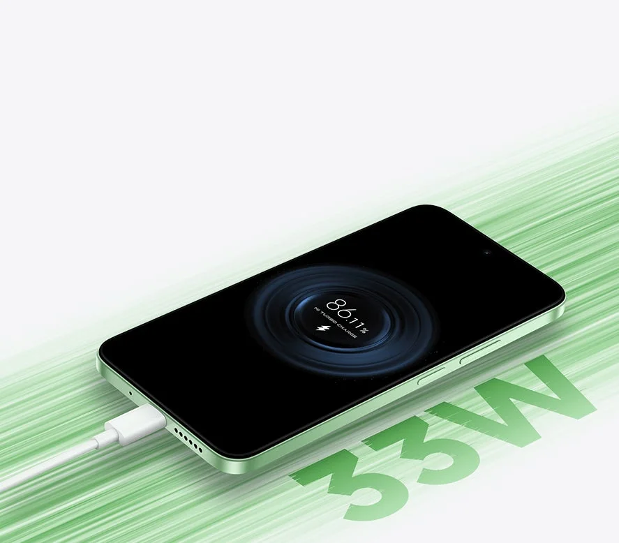 緑色のスマートフォンが充電中で、画面には「86.11%」と「MI TURBO CHARGE」の表示が見える。背景には緑色の速さを表現する線と「33W」の文字があり、高速充電機能を示唆している。